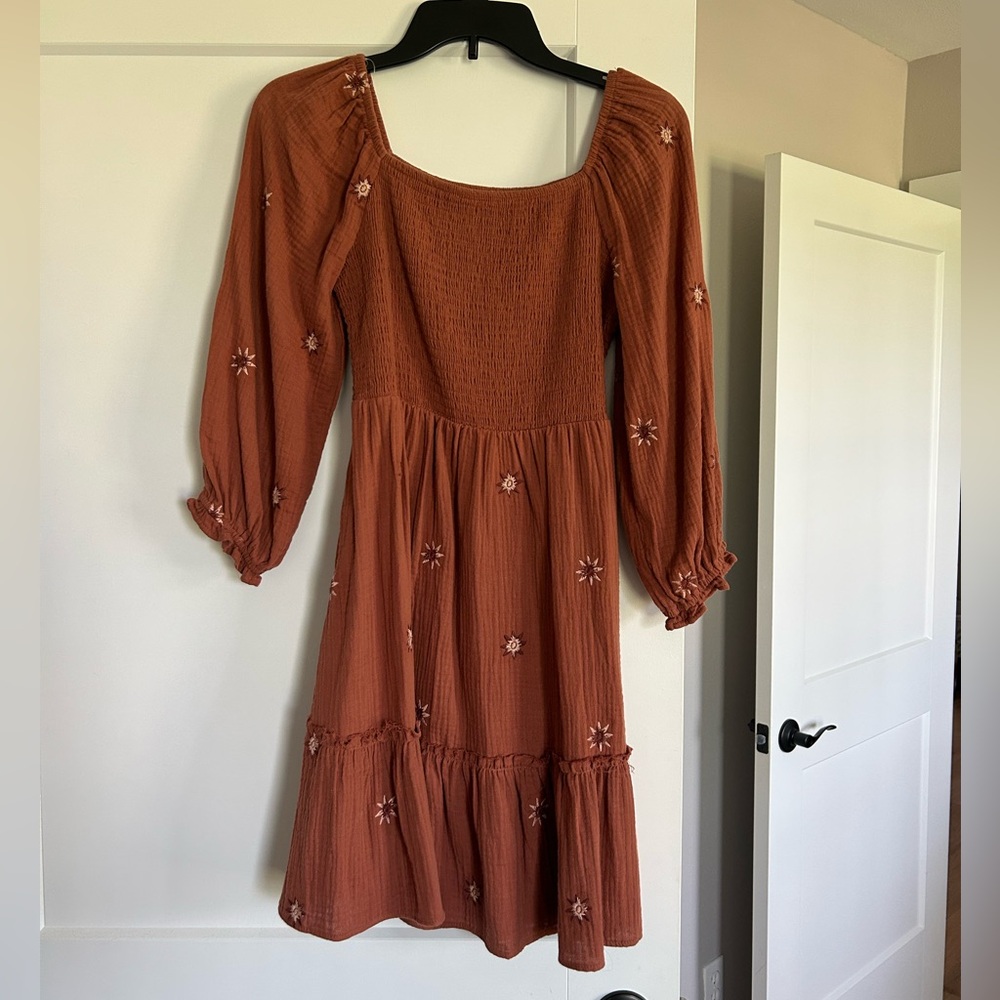 Jolt Rust Embroidered Smocked Midi Dress
